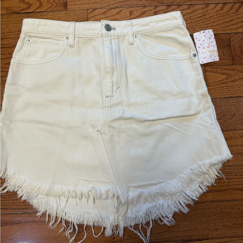 Free People Cream Fringe Denim Skirt